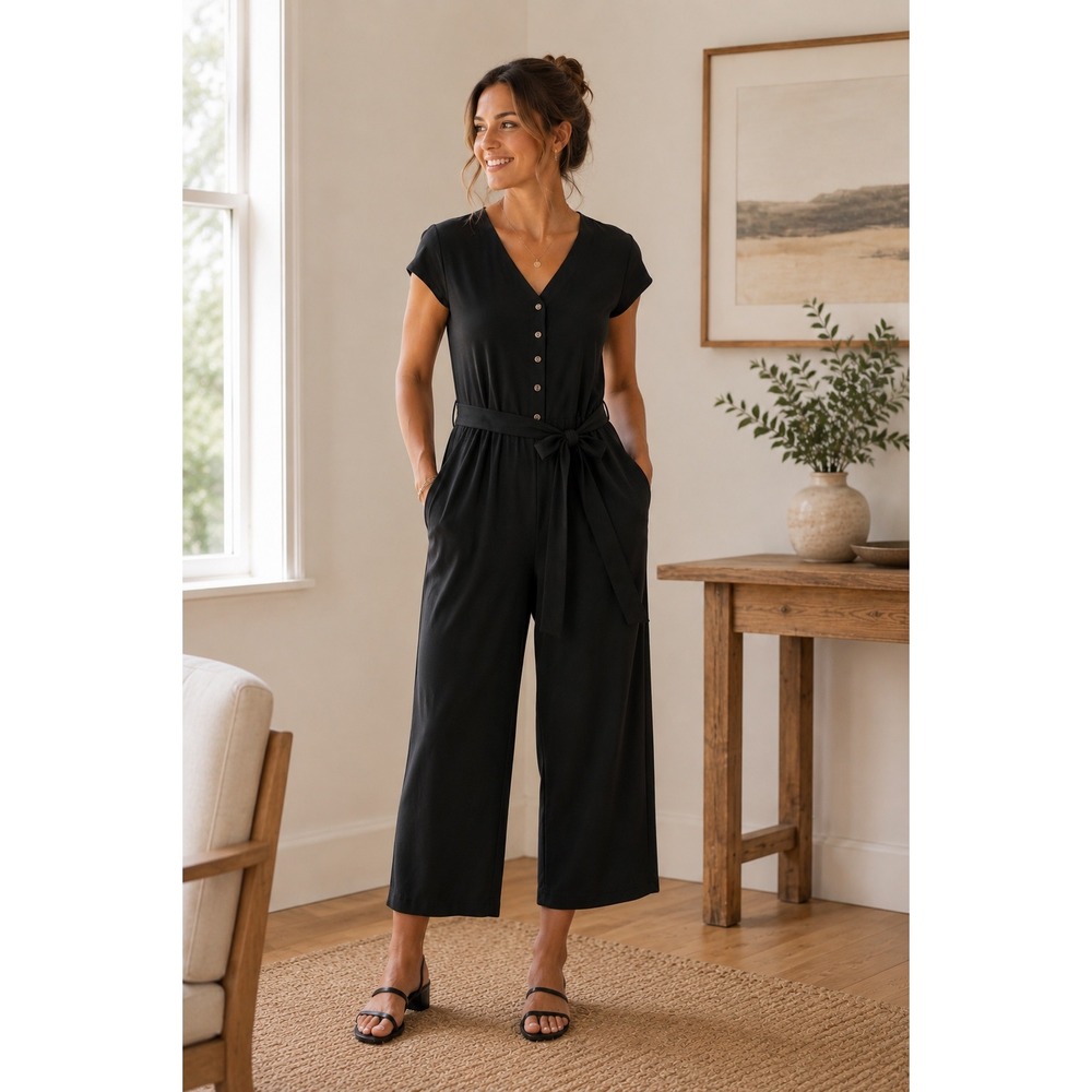 Things Between Women Short Sleeve Knit Jumpsuit Black Accent Belt Size Medium